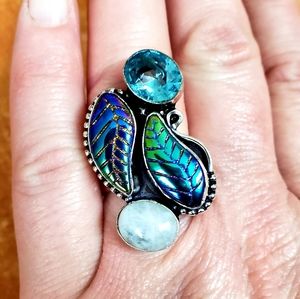 New Carved Rainbow Hematite, Rainbow Moonstone, Blue Topaz 925 Silver Ring.